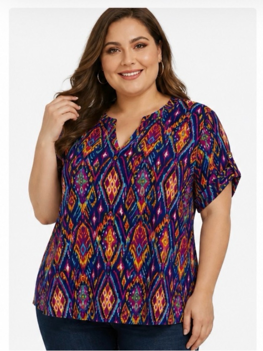 NWT Dear Scarlett Plus Size 3X Multicolor Ikat Print Roll Tab Sleeve Blouse